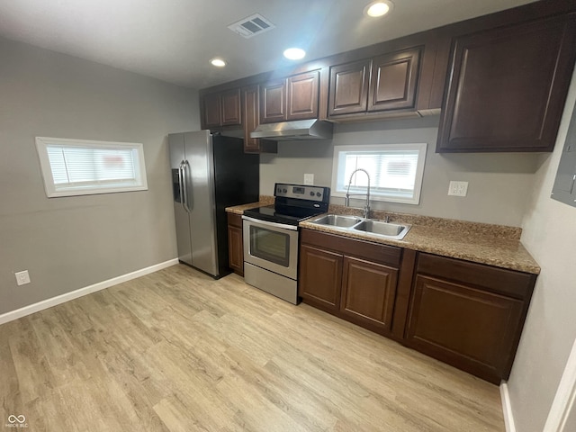 kitchen featuring light wood-type flooring, appliances with stainless steel finishes, dark brown cabinetry, and sink