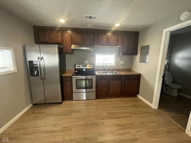 kitchen with appliances with stainless steel finishes, light wood-type flooring, dark brown cabinets, sink, and electric panel