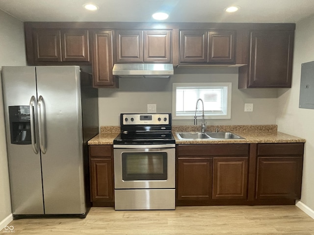 kitchen with light wood-type flooring, dark brown cabinetry, stainless steel appliances, sink, and electric panel