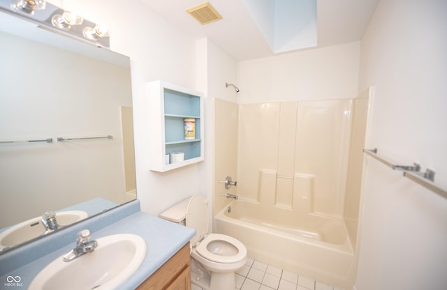 full bathroom featuring toilet, tile patterned flooring, bathing tub / shower combination, and vanity