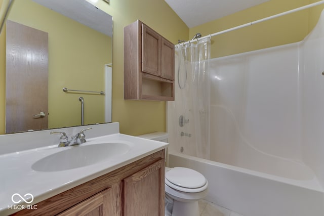 full bathroom with vanity, shower / bathtub combination with curtain, tile patterned floors, and toilet