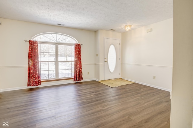 foyer featuring a textured ceiling, a wealth of natural light, and dark hardwood / wood-style floors