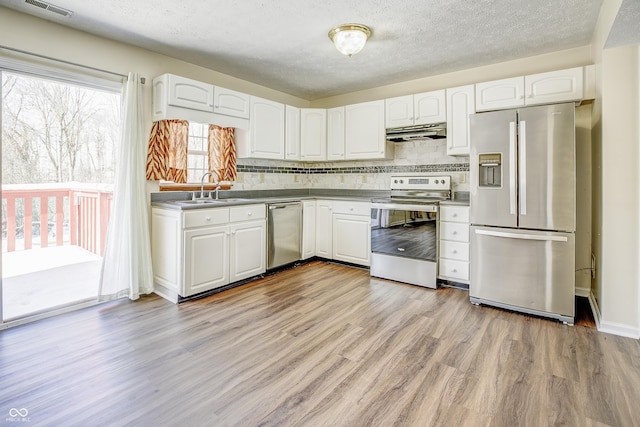 kitchen with sink, stainless steel appliances, white cabinetry, and light hardwood / wood-style flooring