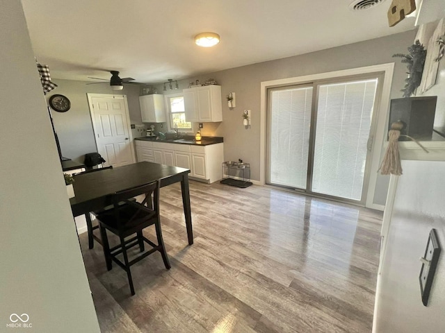 dining space with ceiling fan and light hardwood / wood-style flooring