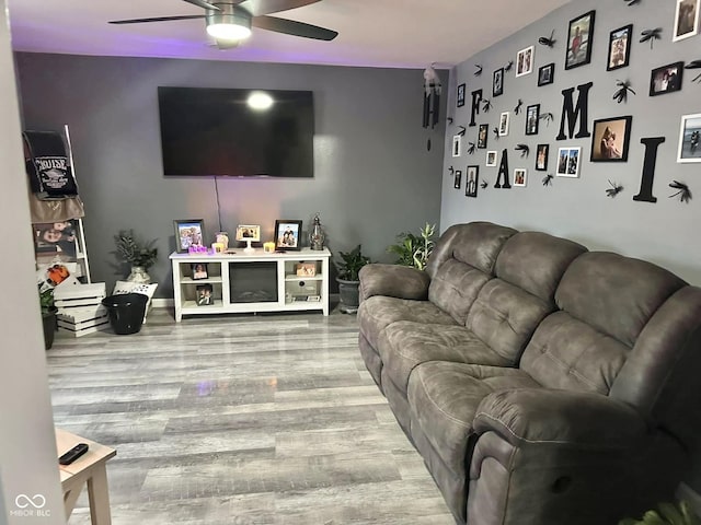 living room featuring ceiling fan and hardwood / wood-style floors