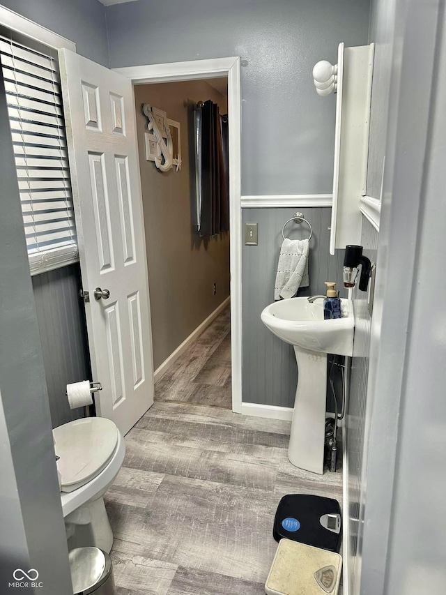 bathroom featuring toilet and wood-type flooring