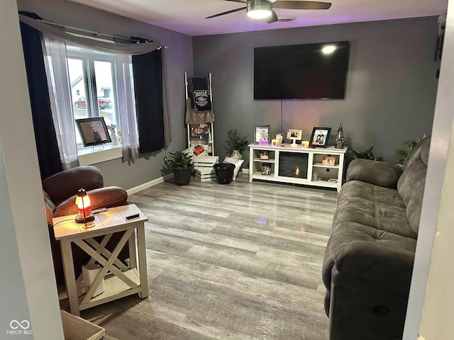 living room featuring ceiling fan and hardwood / wood-style flooring