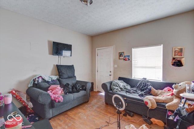 living room with hardwood / wood-style flooring and a textured ceiling