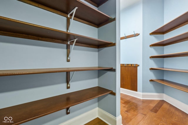 walk in closet with hardwood / wood-style flooring