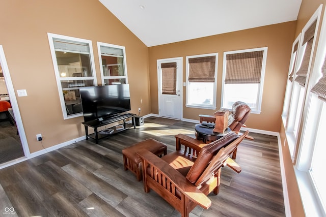 living room with vaulted ceiling and dark hardwood / wood-style floors