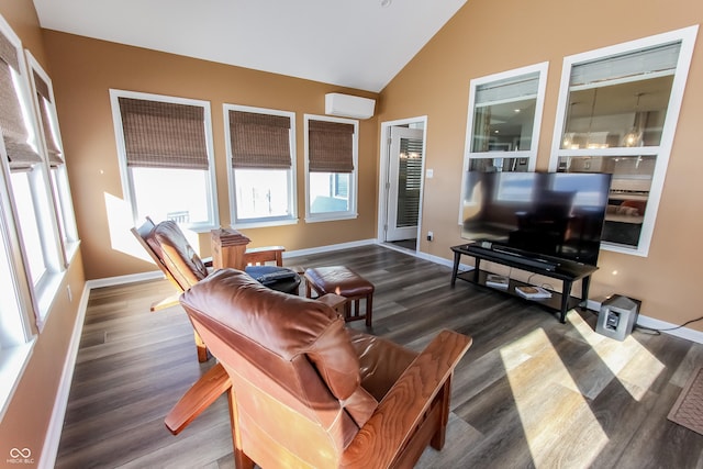 living room featuring vaulted ceiling, a wall mounted air conditioner, and dark hardwood / wood-style flooring