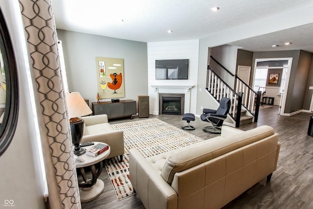 living room featuring a large fireplace and dark hardwood / wood-style flooring