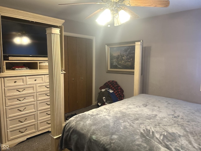 carpeted bedroom featuring ceiling fan and a closet