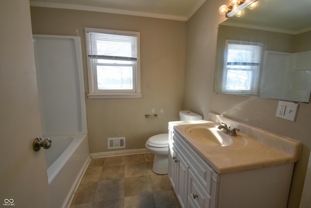 bathroom featuring toilet, crown molding, and vanity