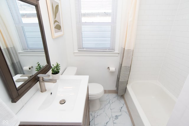 full bathroom with toilet, sink, and shower / tub combo with curtain