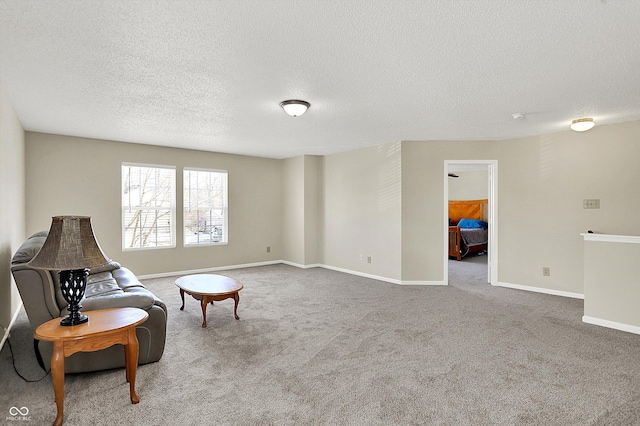 sitting room with a textured ceiling and light carpet