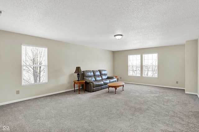 living room with a textured ceiling and carpet flooring