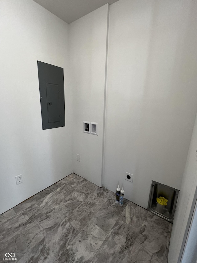 clothes washing area featuring electric panel, hookup for an electric dryer, and washer hookup