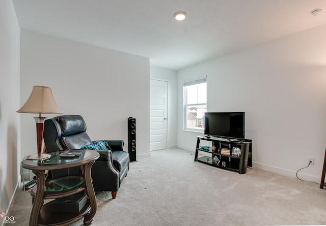 living area with light colored carpet