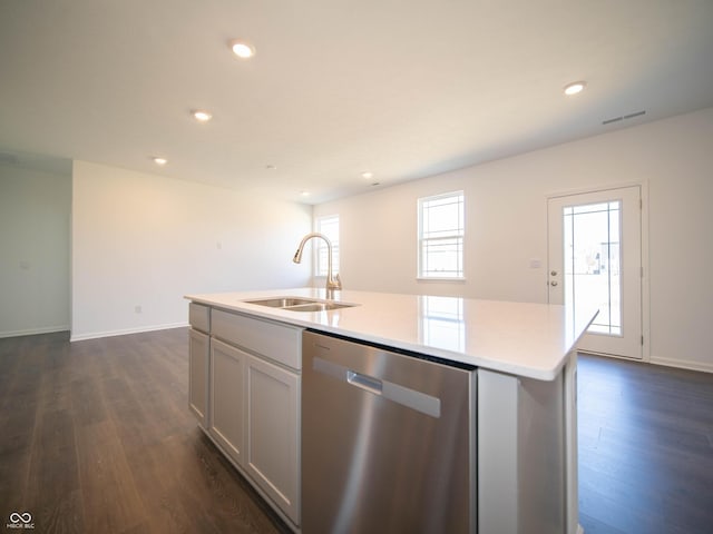 kitchen with stainless steel dishwasher, visible vents, dark wood-style flooring, and a sink