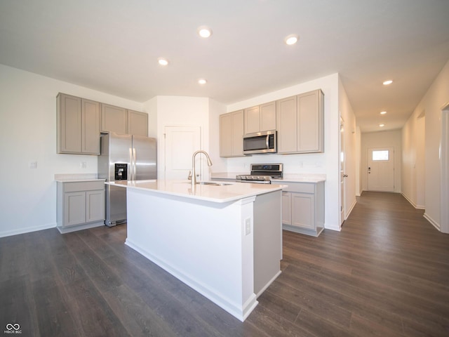 kitchen with a sink, dark wood-type flooring, gray cabinetry, and stainless steel appliances