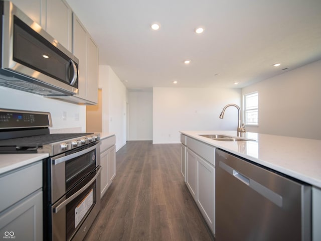 kitchen featuring gray cabinetry, dark wood-style flooring, appliances with stainless steel finishes, and a sink