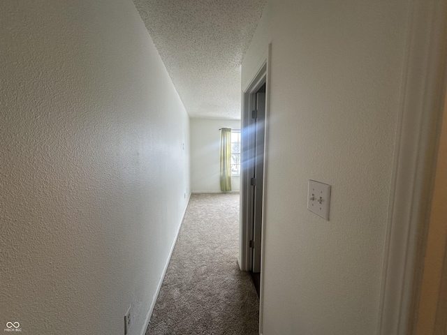 hallway featuring a textured ceiling and carpet floors