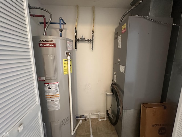 utility room featuring electric water heater and heating unit