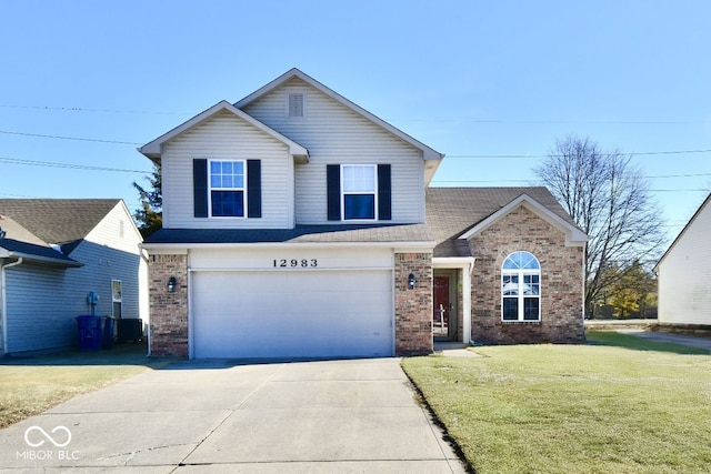 front of property featuring central AC, a garage, and a front lawn