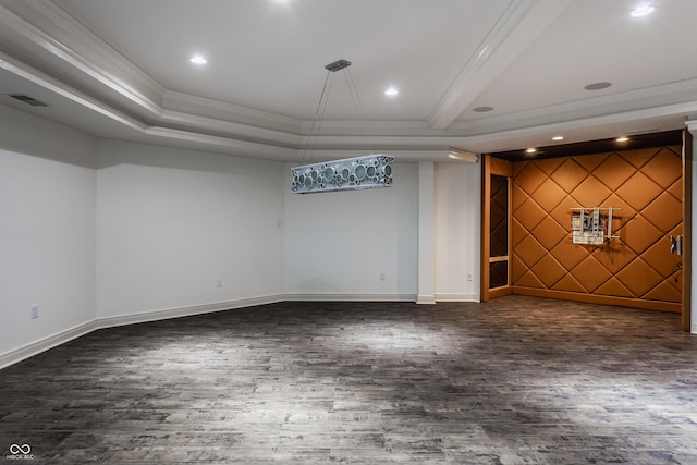 basement featuring dark wood-type flooring and crown molding