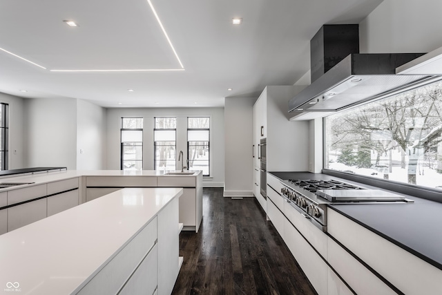 kitchen with dark wood-type flooring, wall chimney exhaust hood, white cabinets, and sink