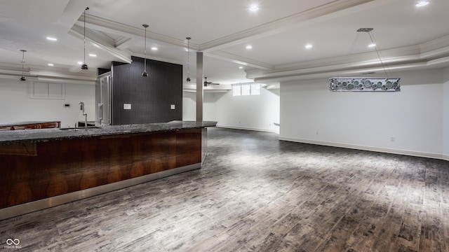 kitchen with ceiling fan, dark hardwood / wood-style floors, sink, and pendant lighting