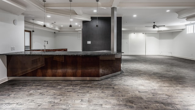 bar with ceiling fan, dark stone countertops, pendant lighting, crown molding, and beam ceiling