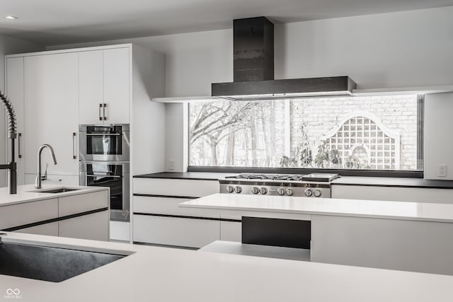 kitchen with appliances with stainless steel finishes, wall chimney exhaust hood, sink, and white cabinetry