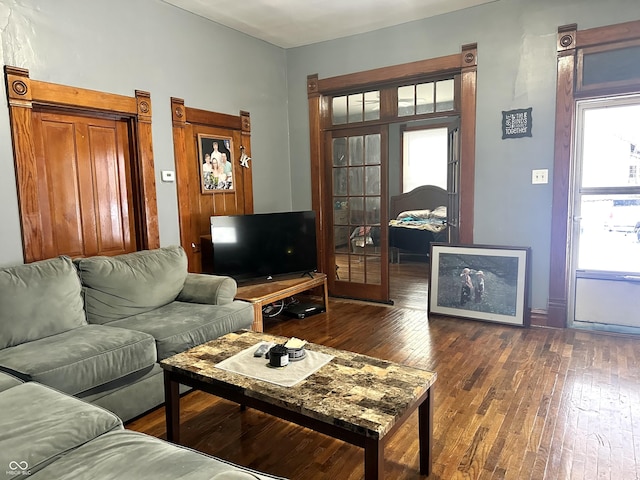 living room featuring dark wood-type flooring, a wealth of natural light, and french doors