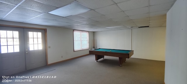 game room with a paneled ceiling, carpet flooring, pool table, and french doors