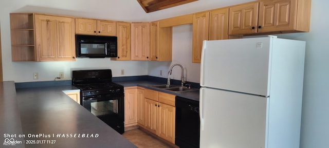 kitchen featuring sink, light brown cabinets, and black appliances