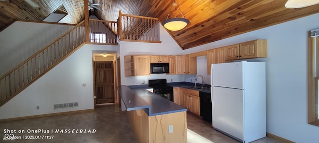 kitchen featuring light brown cabinetry, sink, high vaulted ceiling, wooden ceiling, and black appliances