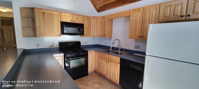 kitchen with lofted ceiling, light brown cabinetry, sink, wooden ceiling, and black appliances