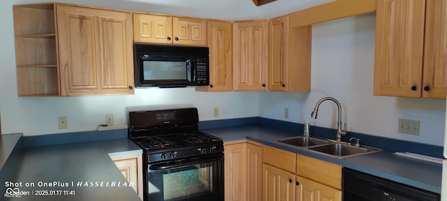 kitchen featuring light brown cabinetry, sink, and black appliances