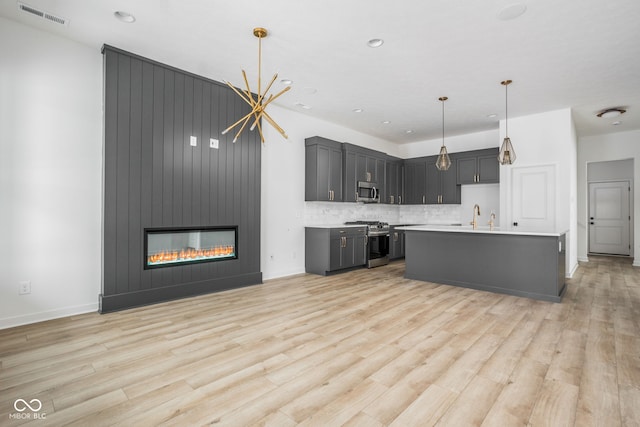 kitchen featuring light hardwood / wood-style flooring, decorative light fixtures, an island with sink, a fireplace, and appliances with stainless steel finishes