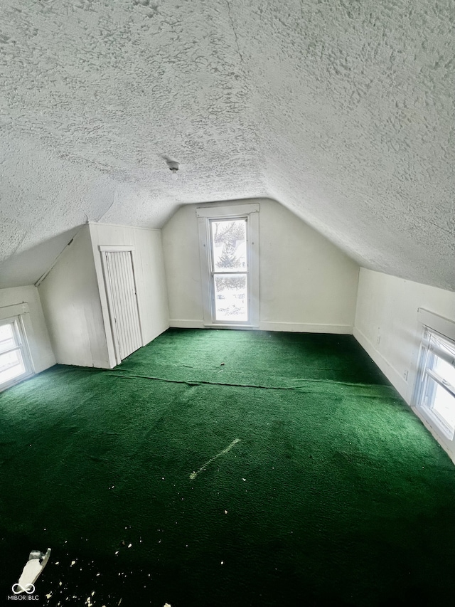 bonus room featuring carpet floors, a healthy amount of sunlight, vaulted ceiling, and a textured ceiling