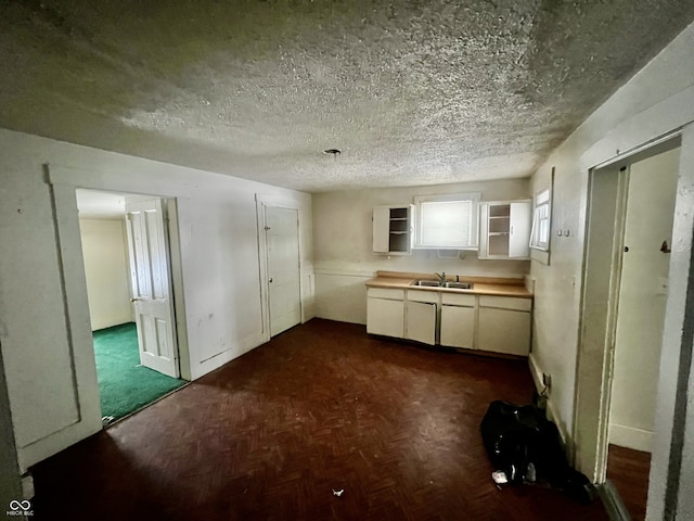 kitchen with sink, a textured ceiling, and dark parquet flooring