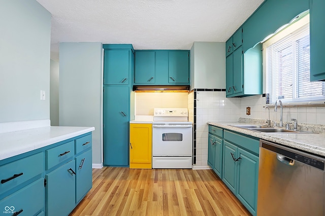 kitchen with white electric range oven, extractor fan, sink, dishwasher, and light hardwood / wood-style floors