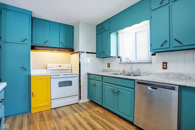 kitchen featuring sink, light hardwood / wood-style flooring, dishwasher, range hood, and white electric stove