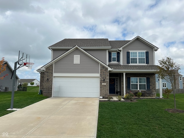 view of front of home featuring brick siding, driveway, a front lawn, and central AC unit