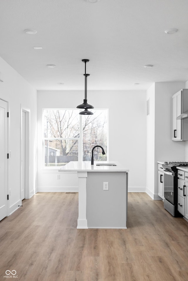 kitchen featuring sink, an island with sink, light hardwood / wood-style flooring, and stainless steel range oven