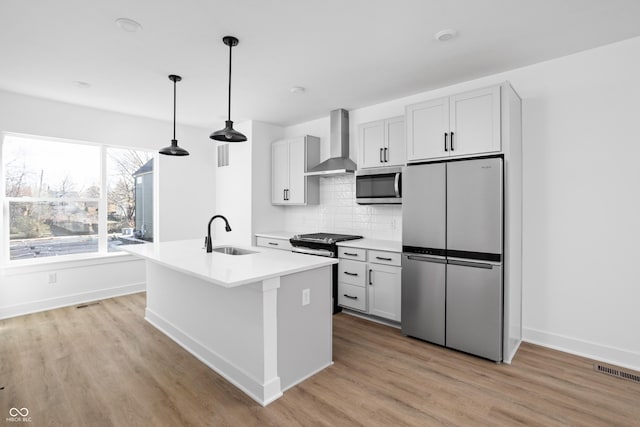 kitchen featuring stainless steel appliances, sink, wall chimney exhaust hood, an island with sink, and decorative backsplash