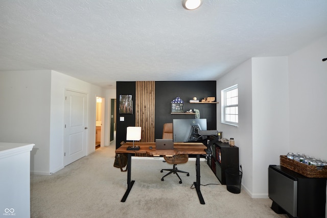 office space featuring a textured ceiling and light colored carpet