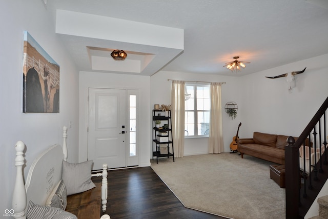 entryway featuring dark hardwood / wood-style flooring and a tray ceiling